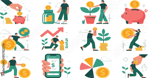 Personal finance and money management concepts set in flat vector style for budgeting saving and financial planning