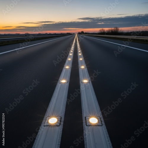 Illuminated Highway Lane Markers Guide the Way During a Beautiful Sunset