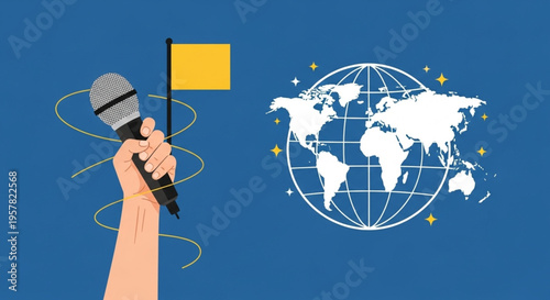  World Press Freedom Day  global communication and international information exchange, featuring a hand holding a microphone with a flag alongside a stylized world map