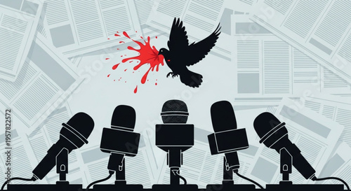  World Press Freedom Day Symbolic Representation of Free Speech and the Press Under Attack, Illustrated with a Dove of Peace Bleeding with Microphones