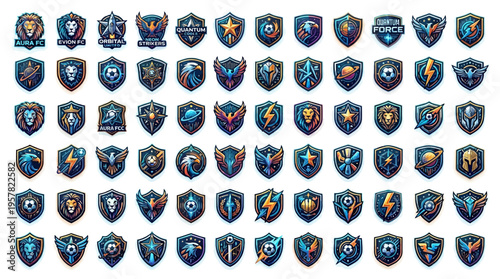 Collection of various blue and orange shield icons.