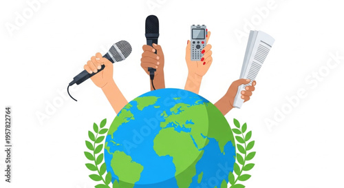  World Press Freedom Day Worldwide Communication and Journalism Hands Holding Essential Media Tools Around the Globe, Symbolizing Global News and Information Dissemination