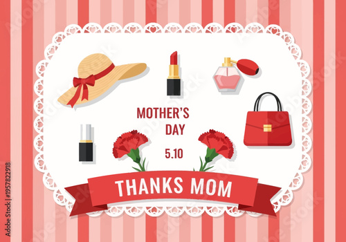 Mother's Day Greeting Card Illustration with Fashion Icons, Red Carnations, and Thanks Mom Message on Pink Striped Background