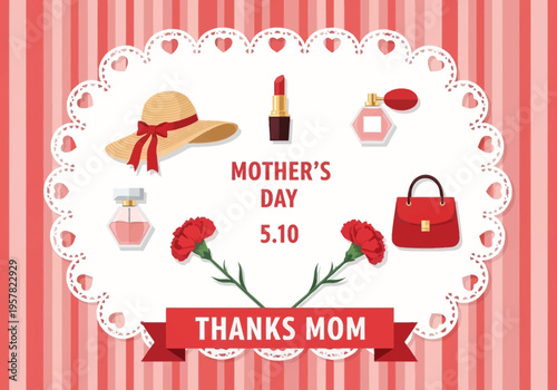 Mother's Day Greeting Banner with Fashion Gifts, Carnations, and Thanks Mom Ribbon Illustration