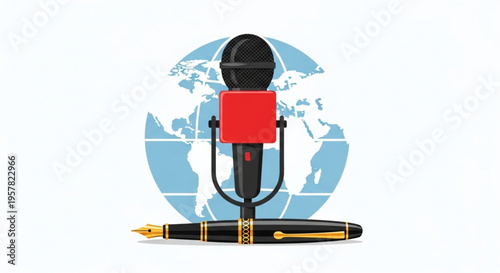  World Press Freedom Day Global news reporting and journalism symbol featuring a microphone, fountain pen, and a world map illustration