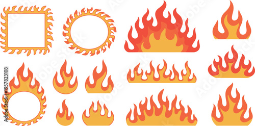 Flame Frame Collection with Curved Fire Shapes, Round Oval Square Fiery Borders, Hot Inferno Elements Vector Set
