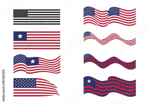 USA and Liberia Flag Vector Illustration Set - Waving Banners, Patriotic Icons, and Monochrome National Symbols