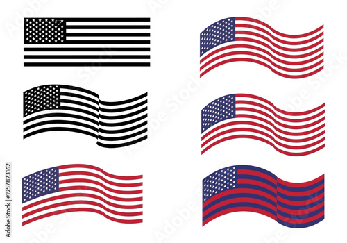 Set of American Flag Icons in Various Styles Including Waving and Black and White Versions for USA National Holiday Designs
