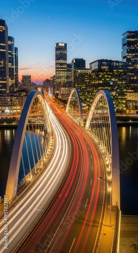 Illuminated Modern Arch Bridge Amidst Cityscape At Dusk With Light Trails