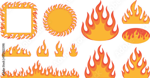 Flame Frame Collection with Curved Fire Shapes, Round Oval Square Fiery Borders, Hot Inferno Elements Vector Set