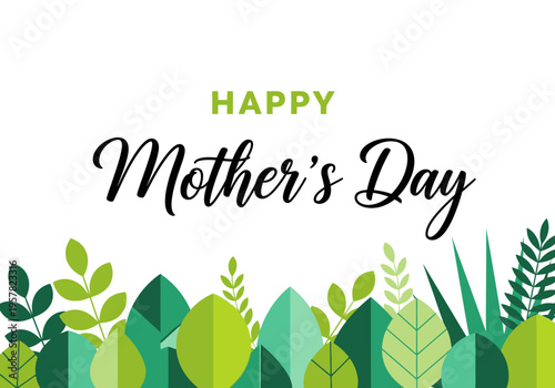 Happy Mother's Day Greeting Card with Minimalist Green Foliage and Leaves Illustration on White Background