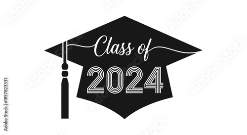 Class of 2024 Graduation Cap Silhouette Vector Icon - Elegant Black Mortarboard with Tassel for Commencement, Senior Year High School or College Graduation Celebration