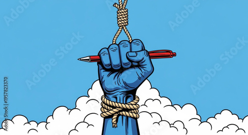 Freedom of the press represented by a clenched fist holding a pen, tied with a noose, against a cloudy sky symbolizing censorship and suppression of journalistic expression