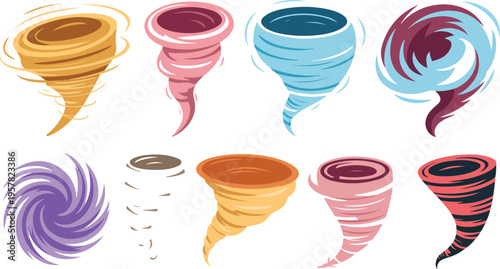 Colorful Tornado Vector Set with Twisted Wind Effects, Storm Swirls, Cartoon Vortex Spirals, Bright Magic Whirlwind Funnels Collection