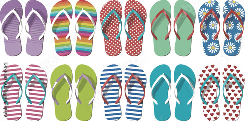 Realistic Colorful Flip Flops Vector Set, 3D Rubber Sandals Top View, Bright Patterned Summer Beach Footwear Collection