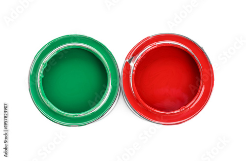 Cans of green and red paint...