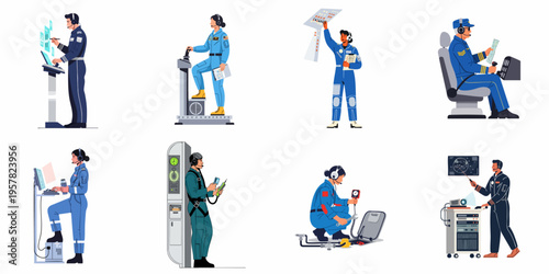 Set of diverse aviation and aerospace professionals in uniforms performing various technical tasks, maintenance, and operations in a flat illustration style.