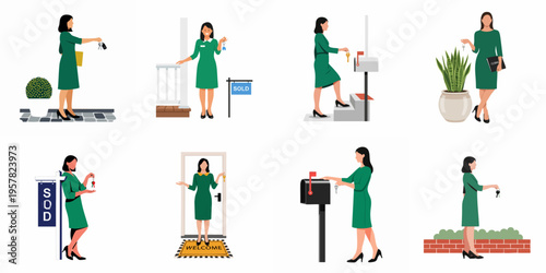 Set of illustrations featuring a professional female real estate agent in a green dress showcasing house keys and sold signs for new homeowners.