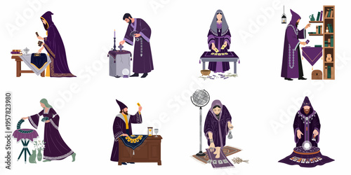 Collection of mystical fortune tellers and wizards in purple robes performing various divination rituals with tarot cards and crystal balls in vector style.