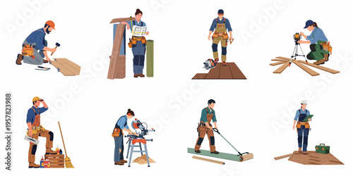 Professional floor installers working on various flooring projects including laminate, hardwood, and underlayment installation, featuring diverse male and female characters in uniforms.