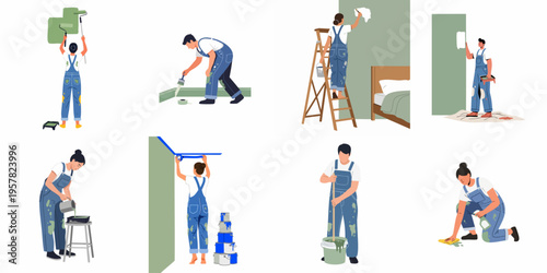 Set of illustrations depicting men and women painters engaged in home renovation, wall painting, and various interior decorating tasks using professional tools.