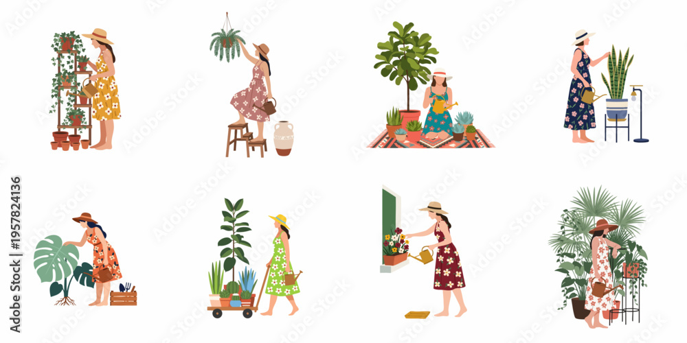 Fototapeta premium Flat vector illustration set of women in sundresses caring for indoor plants, including watering and organizing various green houseplants in several scenes.
