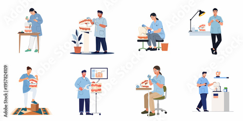 Diverse set of dental professionals and students demonstrating oral hygiene and flossing techniques using large anatomical tooth and jaw models in various settings.