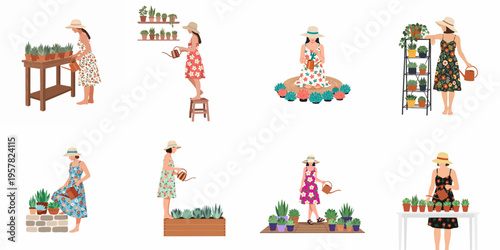 A collection of flat vector illustrations of a woman in floral dresses and sun hats watering succulents and potted plants in various settings.