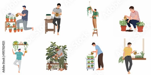 Collection of Flat Vector Illustrations Showing Men Taking Care of and Watering Various Houseplants in Indoor Settings