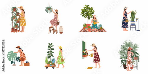 Flat vector illustration set of women in sundresses caring for indoor plants, including watering and organizing various green houseplants in several scenes.