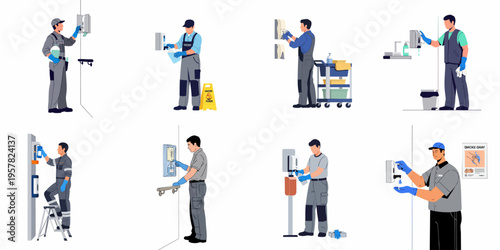 Set of professional cleaning service workers maintaining hygiene standards by refilling dispensers and sanitizing public facilities in a flat vector illustration style.