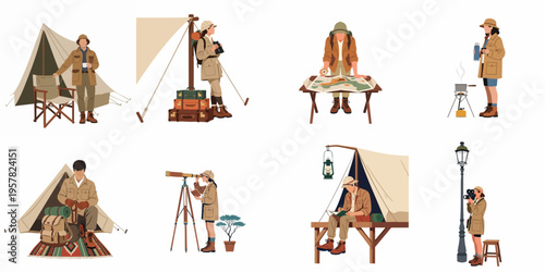 Flat Vector Illustration Set of Vintage Explorers and Campers Engaged in Outdoor Adventures, Research, and Travel Activities on White Background