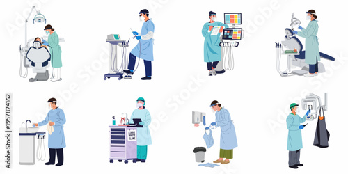 Set of flat vector illustrations depicting dental professionals in PPE performing various clinical tasks and procedures in a modern dentist office.