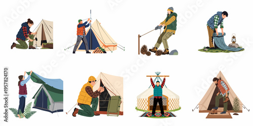 Illustrations of diverse people setting up different types of tents and gear for outdoor camping adventures, featuring various stages of campsite preparation.