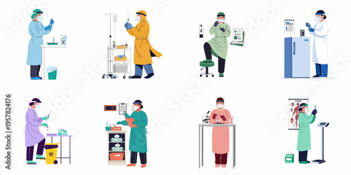 Set of healthcare workers in PPE preparing vaccines and conducting medical tests in a clinic or laboratory environment.