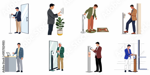 Set of Illustrations Featuring Professional Men Using Hand Sanitizer Dispensers in Various Office and Public Space Settings for Hygiene.