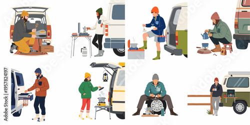 Collection of flat vector illustrations depicting people cooking meals and preparing drinks while van camping and enjoying the outdoor lifestyle.