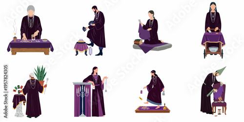 Set of vector illustrations of diverse psychics, fortune tellers, and magicians performing mystical rituals with tarot cards, candles, and crystals on white background.