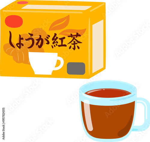 ショウガ紅茶の箱とガラスカップ入りのお茶
