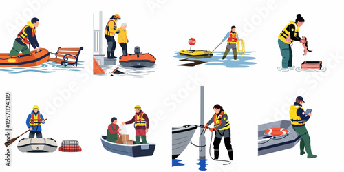 Set of vector illustrations depicting professional rescue teams and volunteers assisting people and animals during a flood emergency situation.