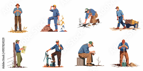 Set of illustrations depicting male farmers and laborers performing various agricultural tasks, including digging, planting, and planning, on a white background.