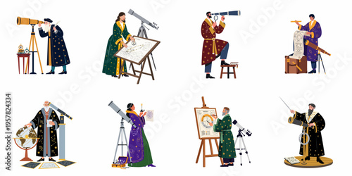Set of illustrations depicting vintage astronomers and astrologers observing the night sky with telescopes, globes, and celestial maps on a white background.