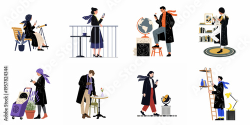 A collection of diverse people exploring astronomy and astrology themes while using their smartphones in various daily life settings.