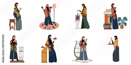 Vector illustration set featuring a woman in boho attire engaging in various mystical practices like tarot reading, crystal healing, and divination.