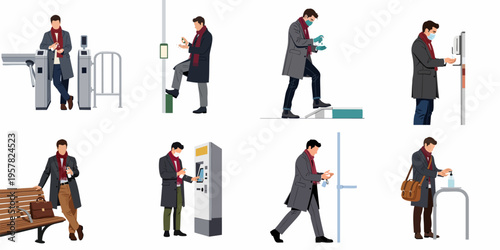 Flat vector illustration set of a man sanitizing his hands in various public locations, emphasizing hygiene, safety, and health precautions during daily activities.