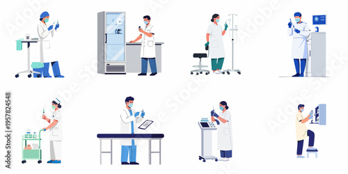 Flat vector illustration set of healthcare professionals preparing vaccinations, handling syringes, and managing medical supplies in a clinical environment.