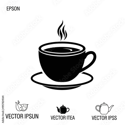 Black coffee cup on saucer icon.