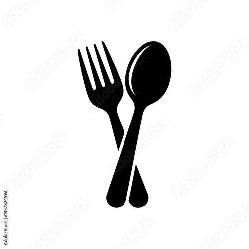 Black fork and spoon utensils crossed.