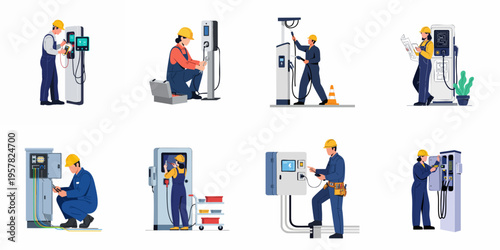 Flat vector illustration set of professional electricians installing and maintaining electric vehicle charging stations and electrical control panels for sustainable infrastructure projects.