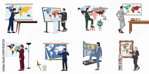 Diverse Business Professionals Presenting Global Strategy and International Market Plans on World Maps in Various Office Settings.
